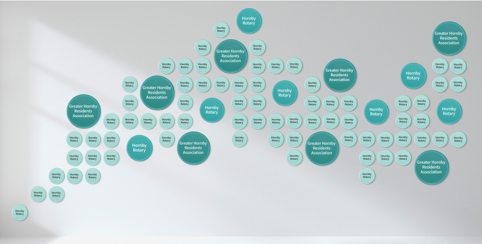 Wall of dark blue and light blue bubbles with writing in each. 